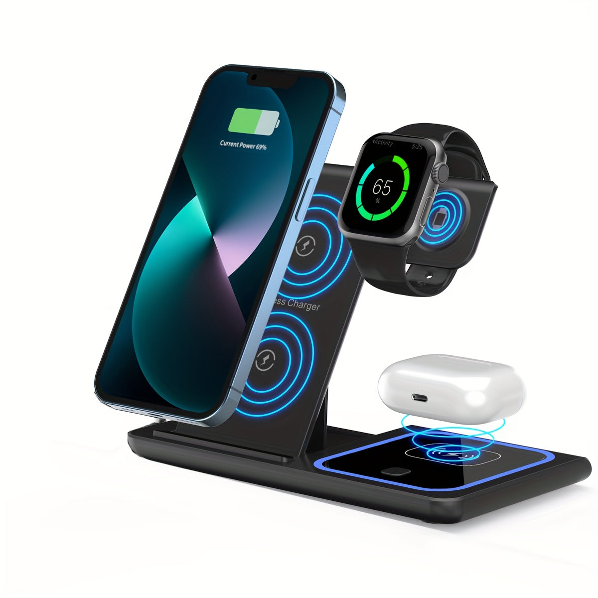 3-in-1 MagSafe Charging Station 15W – Fast Wireless Charger Stand for iPhone, Apple Watch & AirPods | Simultaneous Charging, White Black Pink