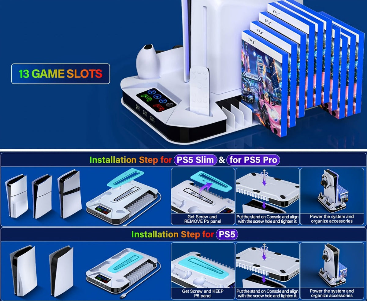 PS5 Cooling Station with USB Hub & Dual Controller Charging Dock for PS5/Slim/Pro, PlayStation 5 Stand Cooler with 3 USB Hubs, Headset Holder, Cooling Fan, Fits Disc & Digital Edition
