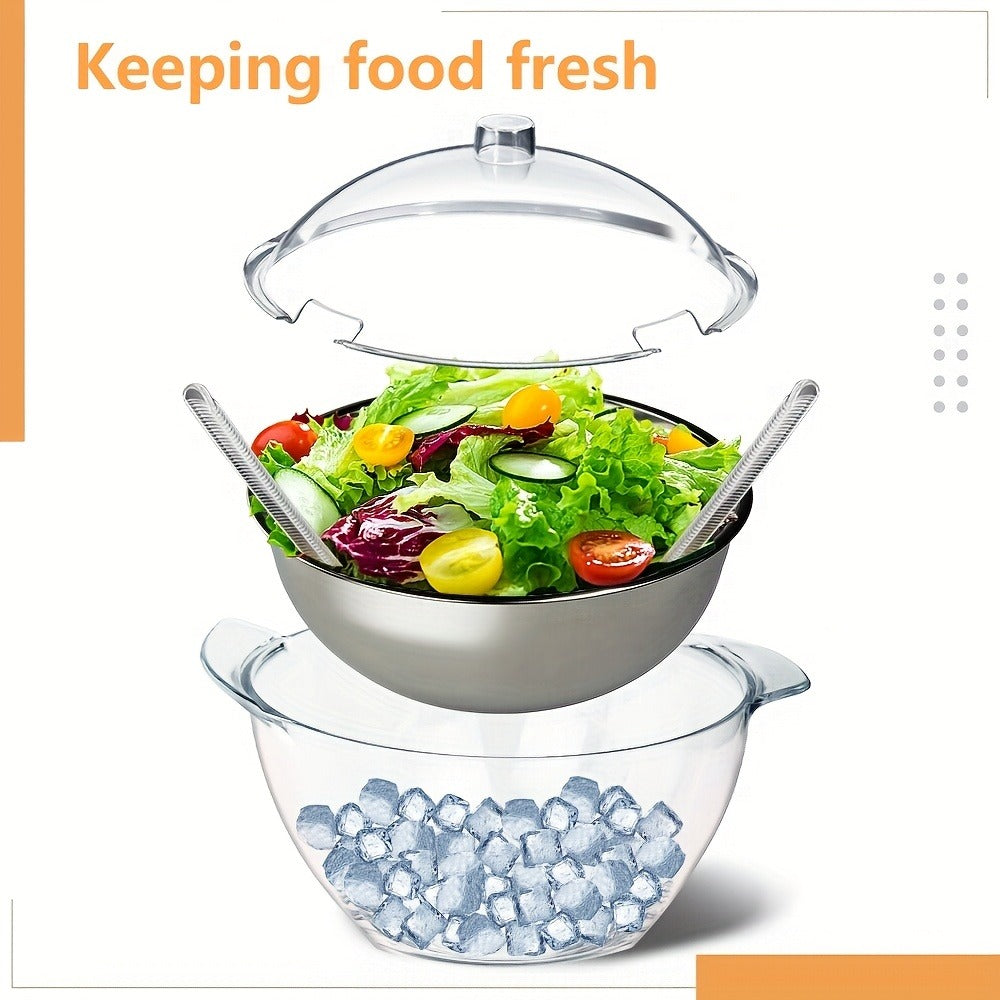 Stainless Steel Ice Chiller Salad Bowl with Lid and Serving Spoons – Large Refrigerated Veggie Fruit Tray with Ice Chiller Base for Party Entertaining Buffet Outdoor Picnic Food Display