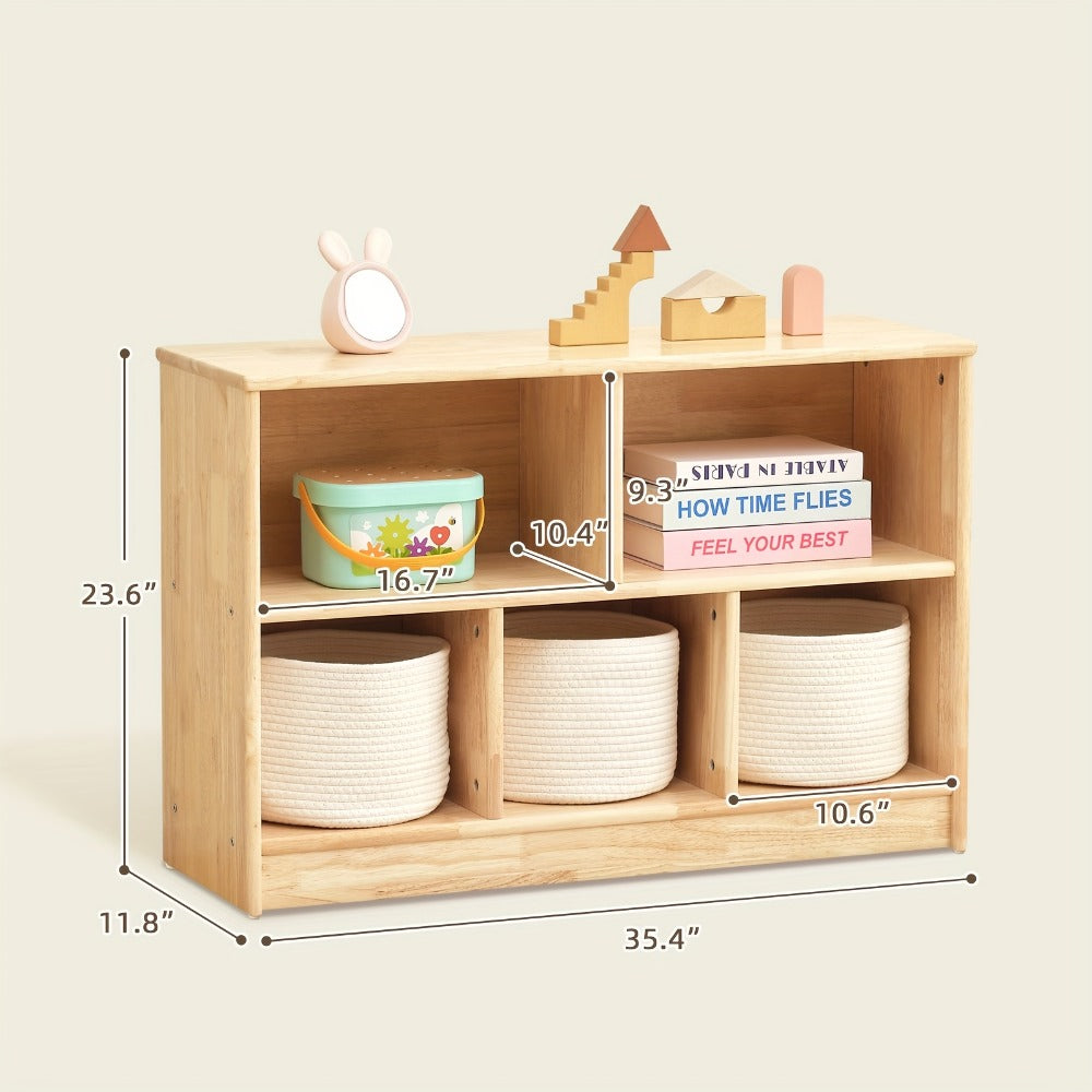 Rubber Wood 5-Compartment Bookshelf 35.4" – 2-Tier Wooden Storage Cabinet for Classroom, Playroom & Preschool | Kids Book Organizer Shelf for Daycare, Bedroom & Living Room | 5-Section Display Rack