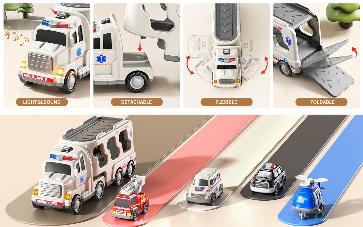 Ambulance Carrier Truck Toy Set, 5-in-1 Emergency Vehicle Playset with Lights & Sounds