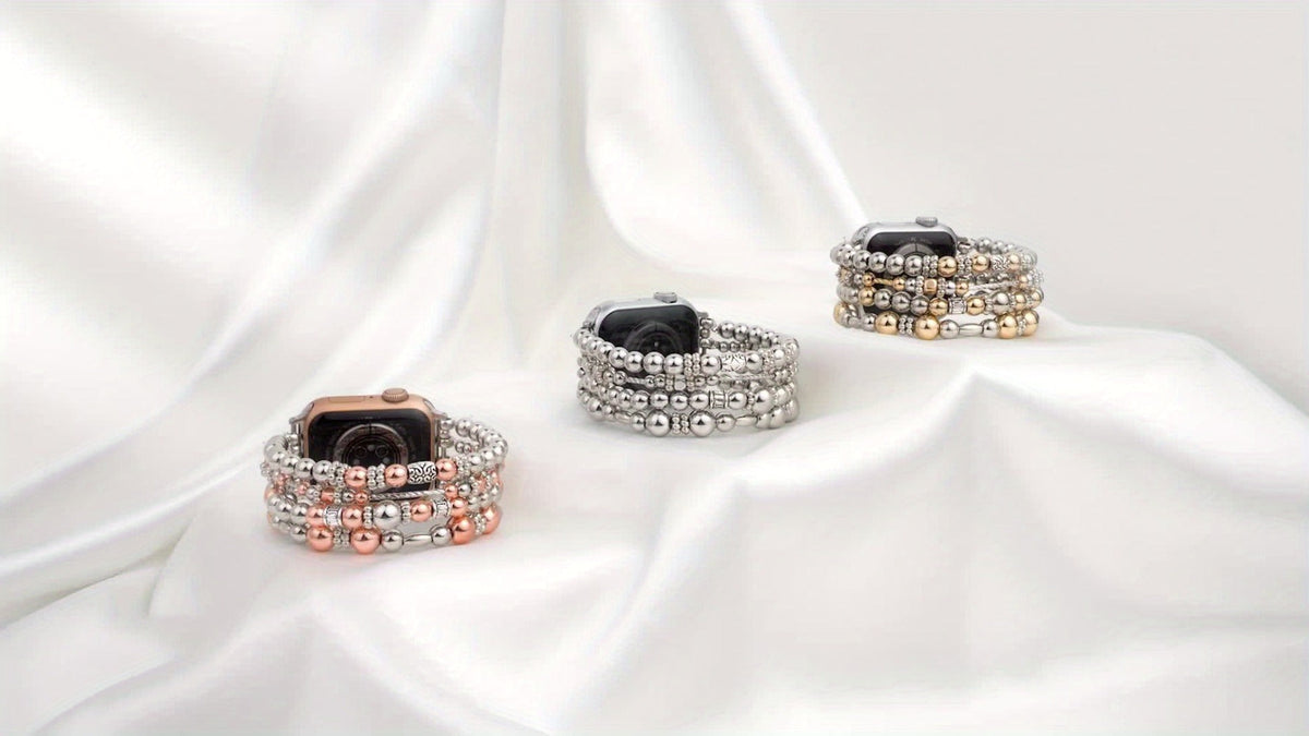 Elastic Beaded Watch Band for Apple Watch Series 1-11 SE Ultra 38mm 40mm 41mm 42mm 44mm 45mm 46mm 49mm Handcrafted No-Buckle Stretch Bracelet Replacement Strap Women Silver Rose Gold Golden
