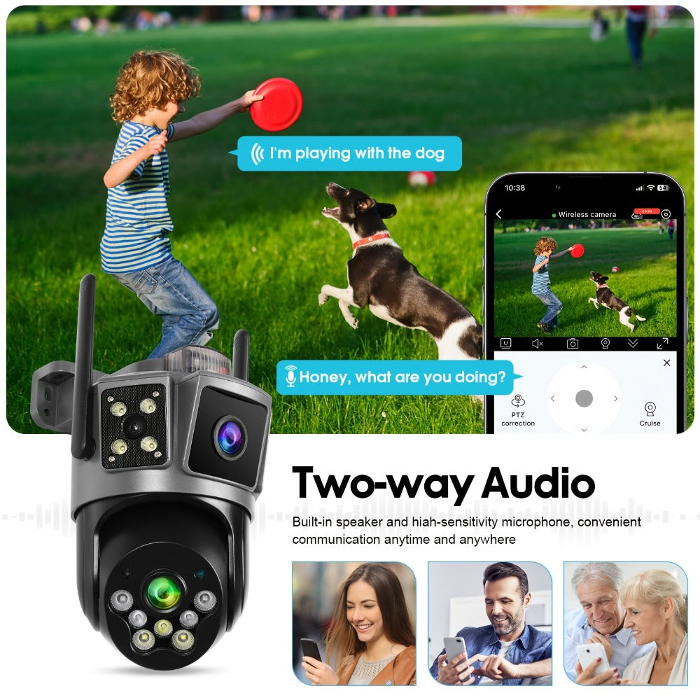 Dual Lens 3-Scene Security Camera WiFi Outdoor Indoor 355° Pan Tilt with Color Night Vision, AI Motion Sensor Alarm, Remote Monitoring, Cloud Storage & SD Card Up to 256GB – Wire-Free Home Surveillance