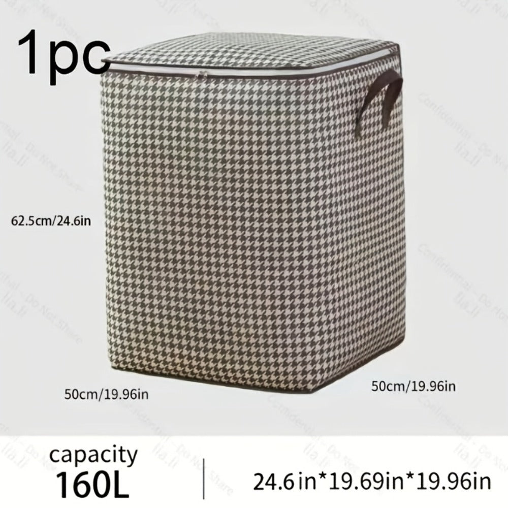 Large Storage Bags Houndstooth Non-Woven Fabric Organizer with Double Zipper & Handles – 160L/180L Dustproof Foldable Storage Box for Bedroom, Closet, Moving, Travel & Dorm, 1pc or 3pcs Set