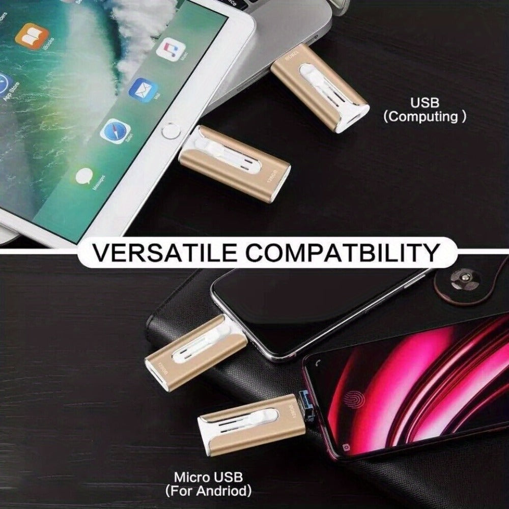 4-in-1 iPhone Flash Drive USB 3.0 OTG Photo Stick 128GB 256GB, Lightning USB-C USB-A iPad Connector Memory Stick with Backup Function Compatible with iPhone iPad Android Laptop & PC – Gold Pink Silver Blue