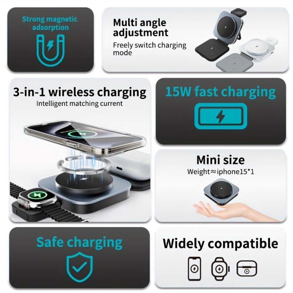 Foldable Travel 3-in-1 Wireless Charging Station 15W – Fast Charge for iPhone 17 16 15 14 13 12 Pro Max Plus, Apple Watch Ultra Series 9 8 7 6 5 4 3 2 1 SE & AirPods 4 3 2 Pro | Portable Black Charger