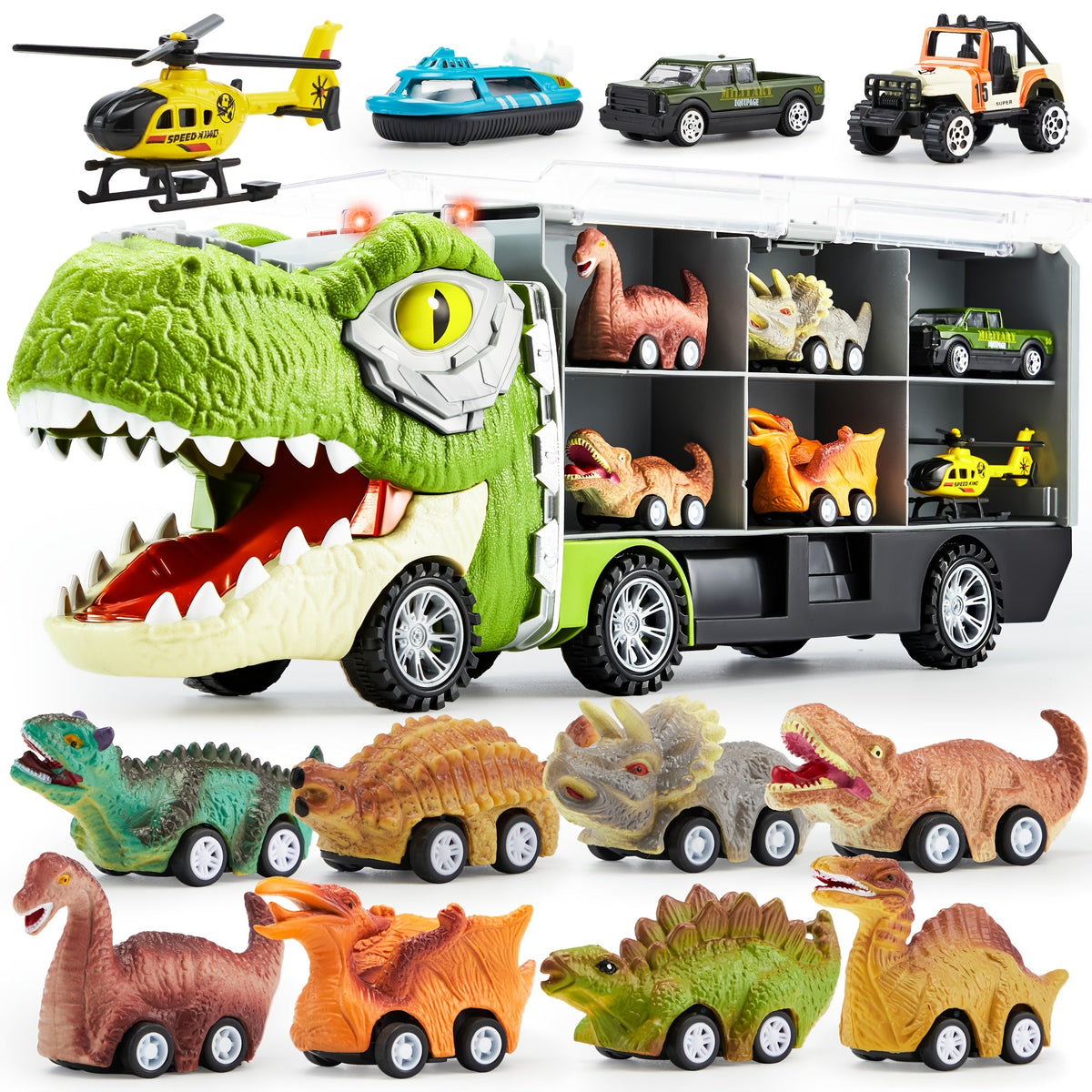 Dinosaur Truck Toy Set, 13-Piece Carrier with Mini Cars and Helicopter