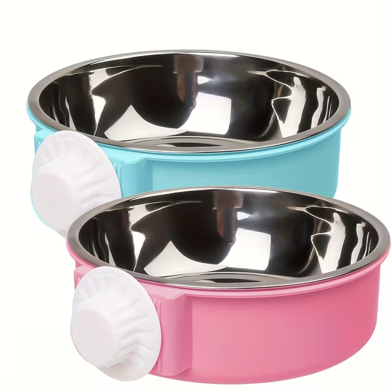 Stainless Steel Cage Bowl Set 2-Pack – Hanging Pet Feeder & Water Bowl for Dogs, Cats, Birds & Small Animals, Easy Install Crate Bowl with Cleaning Kit
