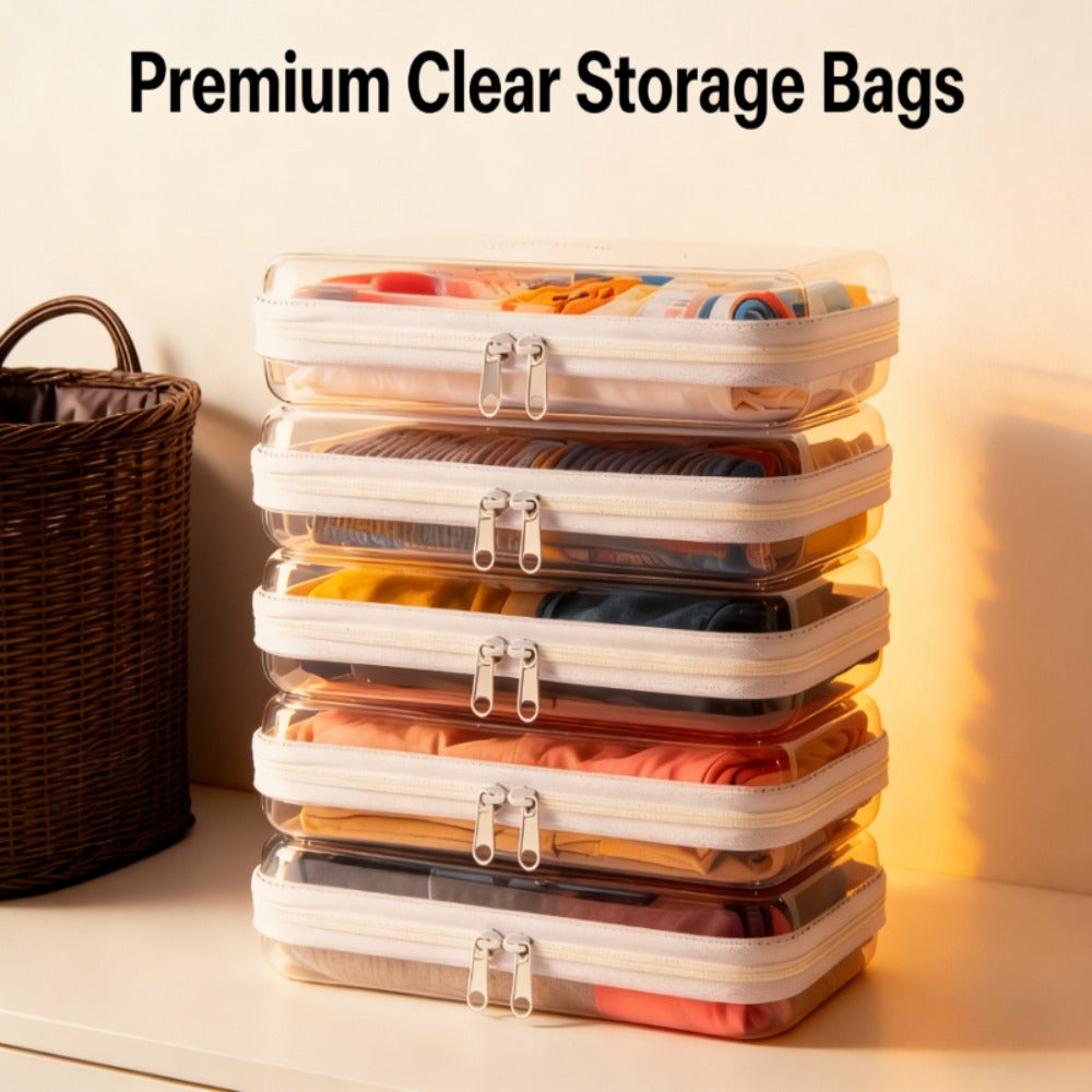 Clear Storage Box Set 4 Pcs Hard Transparent Zipper Organizer Plastic Case S M L XL Makeup Cosmetics Snacks Stationery Kids Toys Multi-Color Purple Blue Pink White