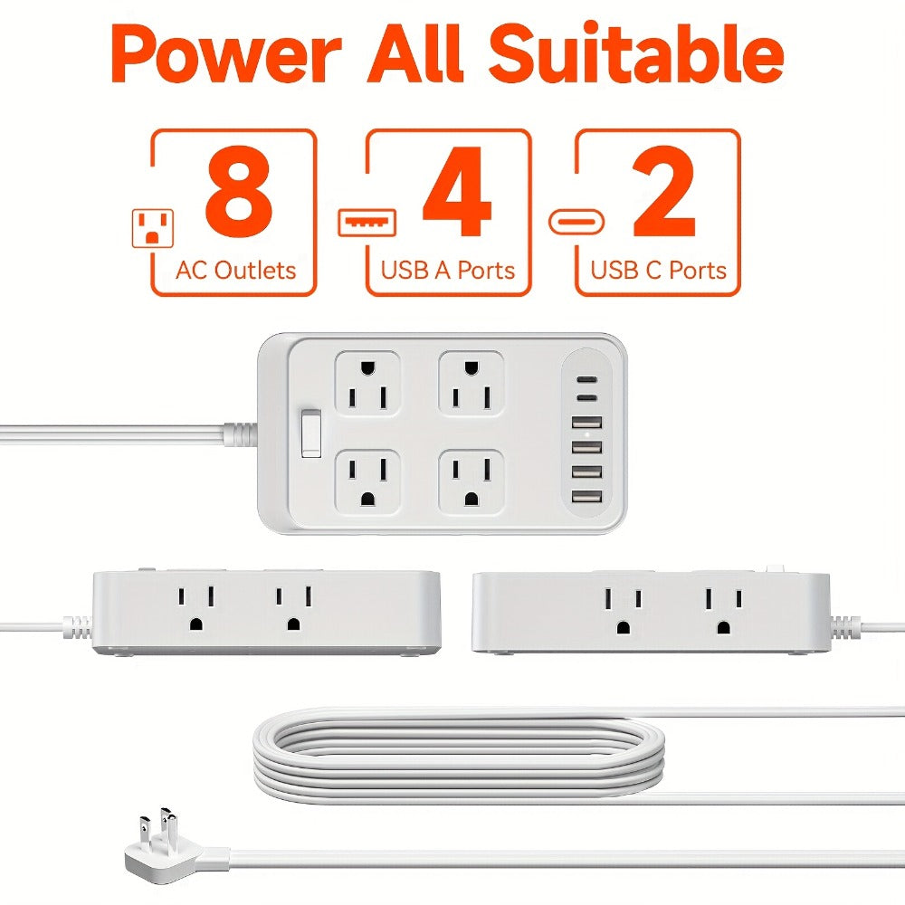 One-Touch Switch Desk Charging Station 14-in-1, 8 Widely Distributed AC Outlets & 6 USB Ports (4 USB-A + 2 USB-C), Surge Protection, Compact Portable Power Strip for Home Office Desktop – Safe & Organized