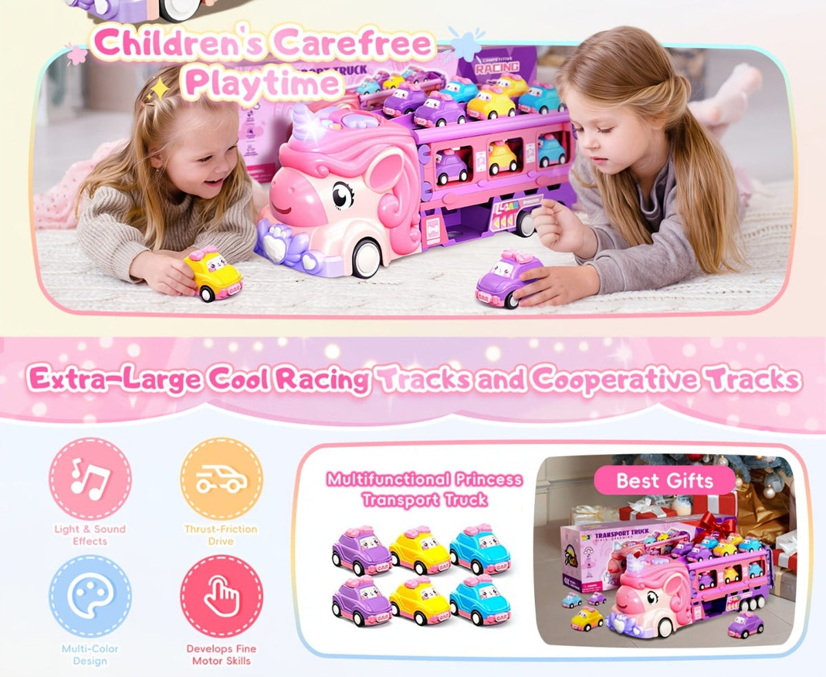 Unicorn Monster Truck Track Set with 8 Mini Cars and Fold-Out Race Track
