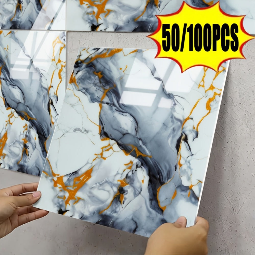 Self-Adhesive Marble Tile Stickers 11.8x11.8in Peel and Stick Wall Tiles for Bathroom Kitchen Backsplash – Waterproof 3D Glossy Imitation Marble Wall Panel, Easy to Install, 50 or 100 Pack