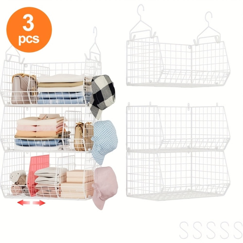 Hanging Laundry Basket Organizer 3pcs - Foldable Laundry Bag with 360° Rotating Hook for Washing Machine & Drying Rack, Space Saving Metal Mesh Laundry Hamper for Bathroom, Laundry Room | Black & White