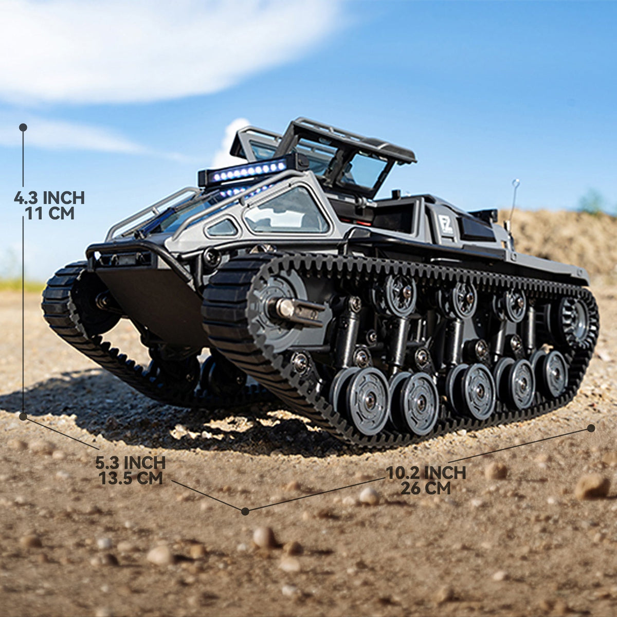 Full-Proportional RC Tracked Tank with LED Lights, Alloy Body Military Vehicle, Grey or Brown