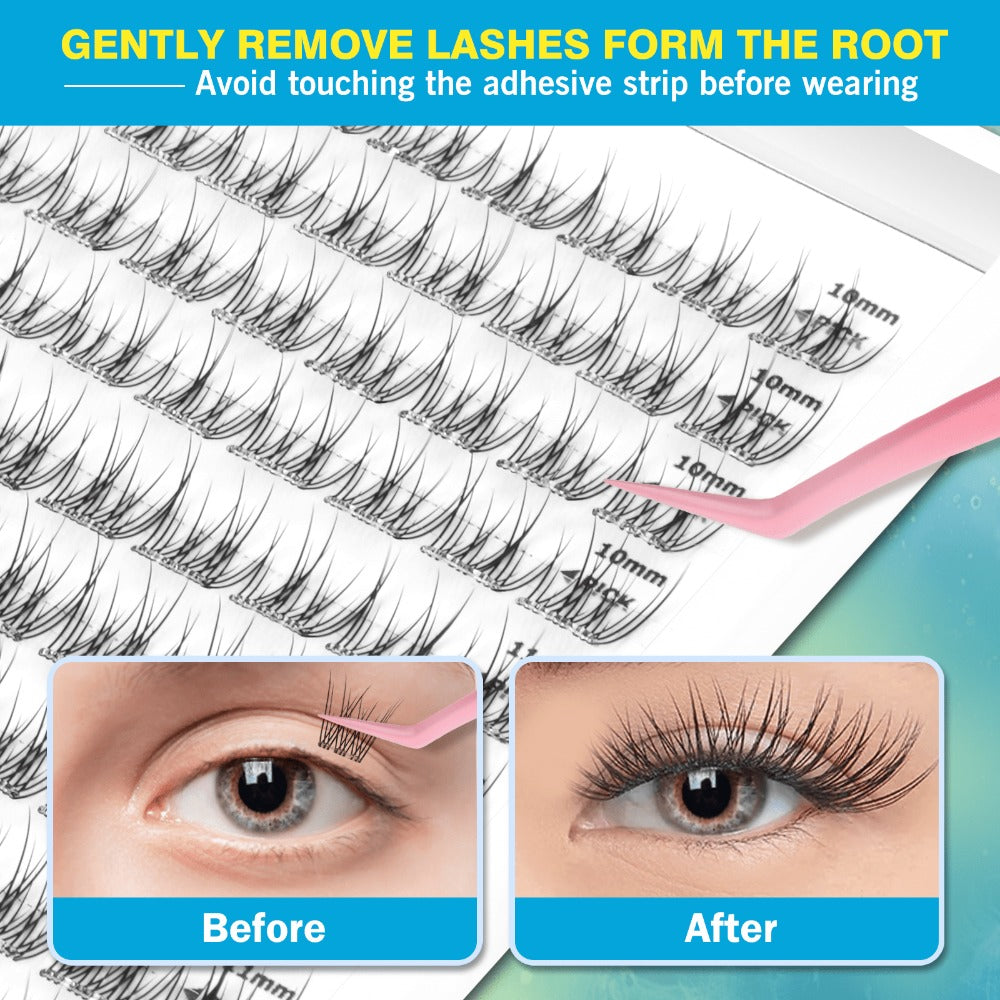 Pre-Glued Wispy Press-On Lash Clusters Kit with 2 Tweezers — Self-Adhesive No Glue Needed, Natural & Thick Fluffy Volume, Reusable Beginner-Friendly Individual Cluster Eyelashes for Daily Wear