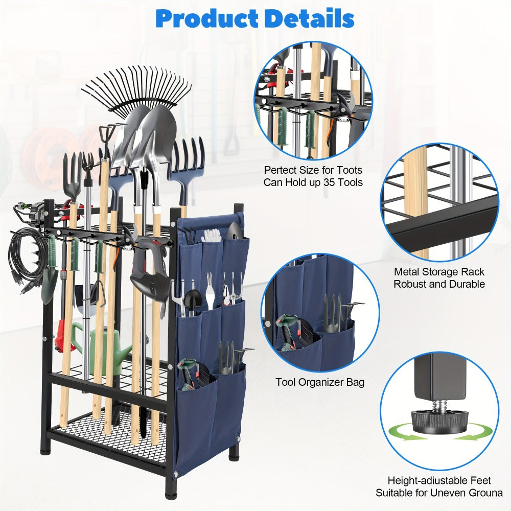 Tool Storage Rack with Storage Bag – Metal Yard Tool Organizer for Garage Holds 35 Long-Handled Tools, Broom, Shovel, Rake Stand Holder, Heavy Duty Freestanding Garden Tool Rack for Outdoor & Yard, Black