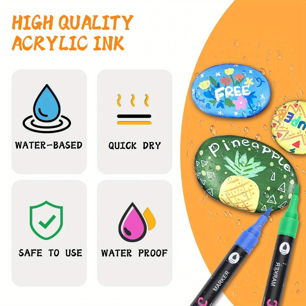 Double-Ended Acrylic Paint Pens 48 72 Colors Bulk Pack – Waterproof Dual Tip Markers for Rock Painting Fabric Metal Glass Wood Canvas Ceramics Eggs Pumpkins Artist Crafter Gift