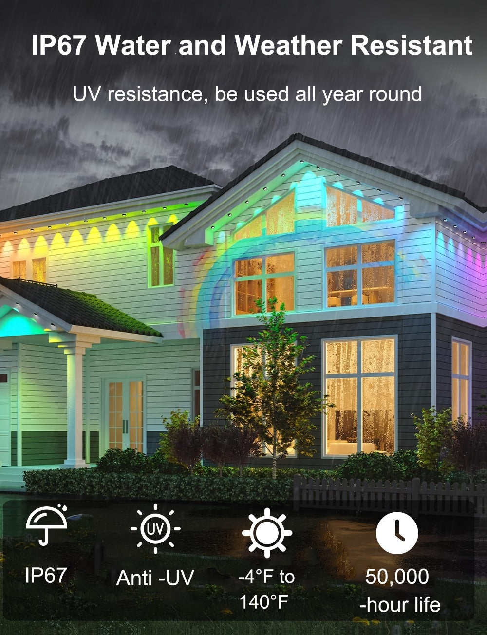 Permanent Outdoor Lights for Eaves RGB Color Changing – Music Sync, Dimmable, Timer | Multicolor & Warm White | 19FT to 200FT | Christmas Holiday Roofline Lighting