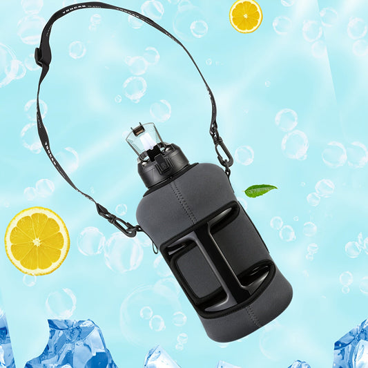 Water Bottle with Straw, Time Markers, Insulated Sleeve and Carry Strap
