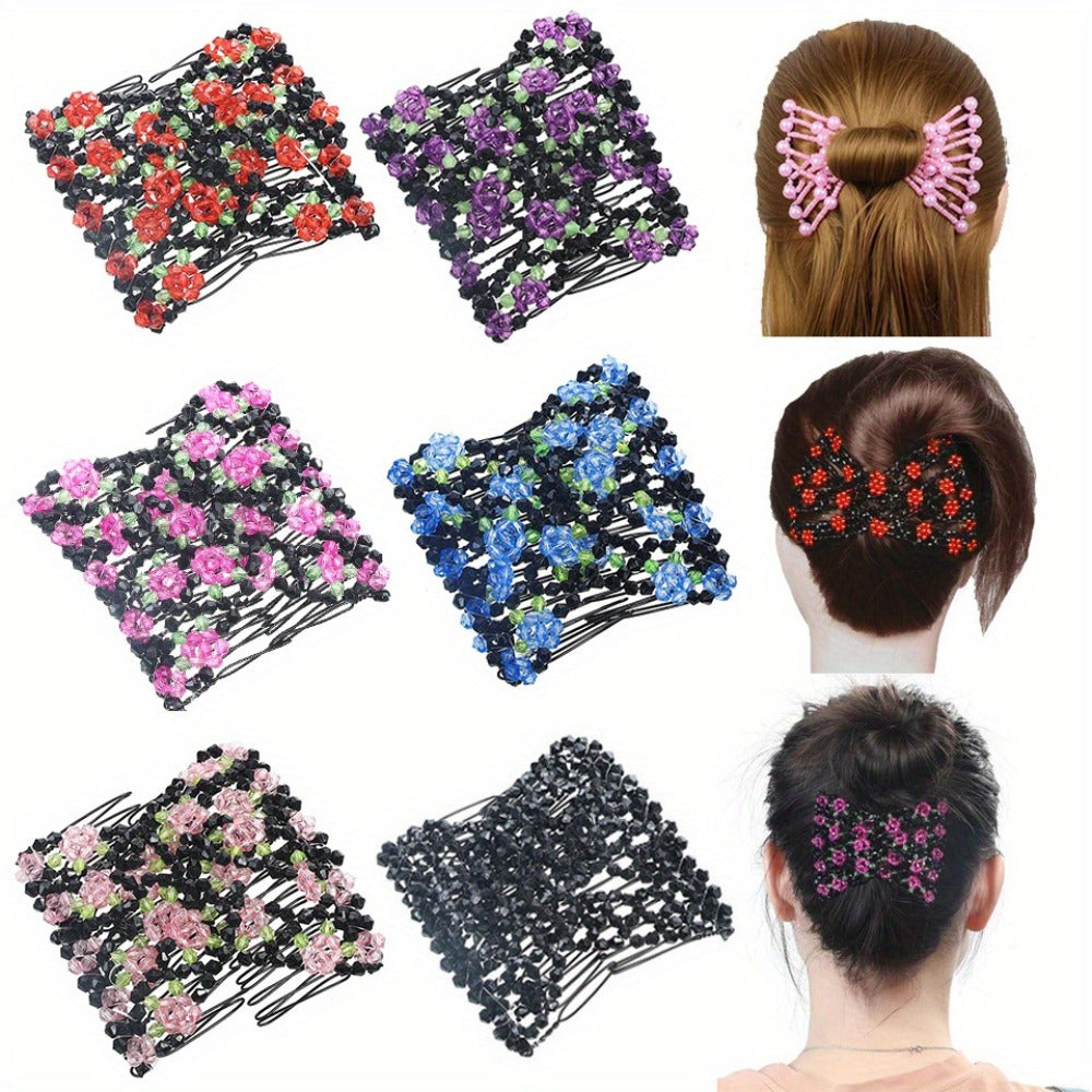 Hair Accessories Set for Women 6 Pieces – Beaded Flower Hair Combs Hairpins Ball Head Disc Clip Double Row Comb Elegant Bridal Wedding Party Daily Styling Gift for Ladies Girls
