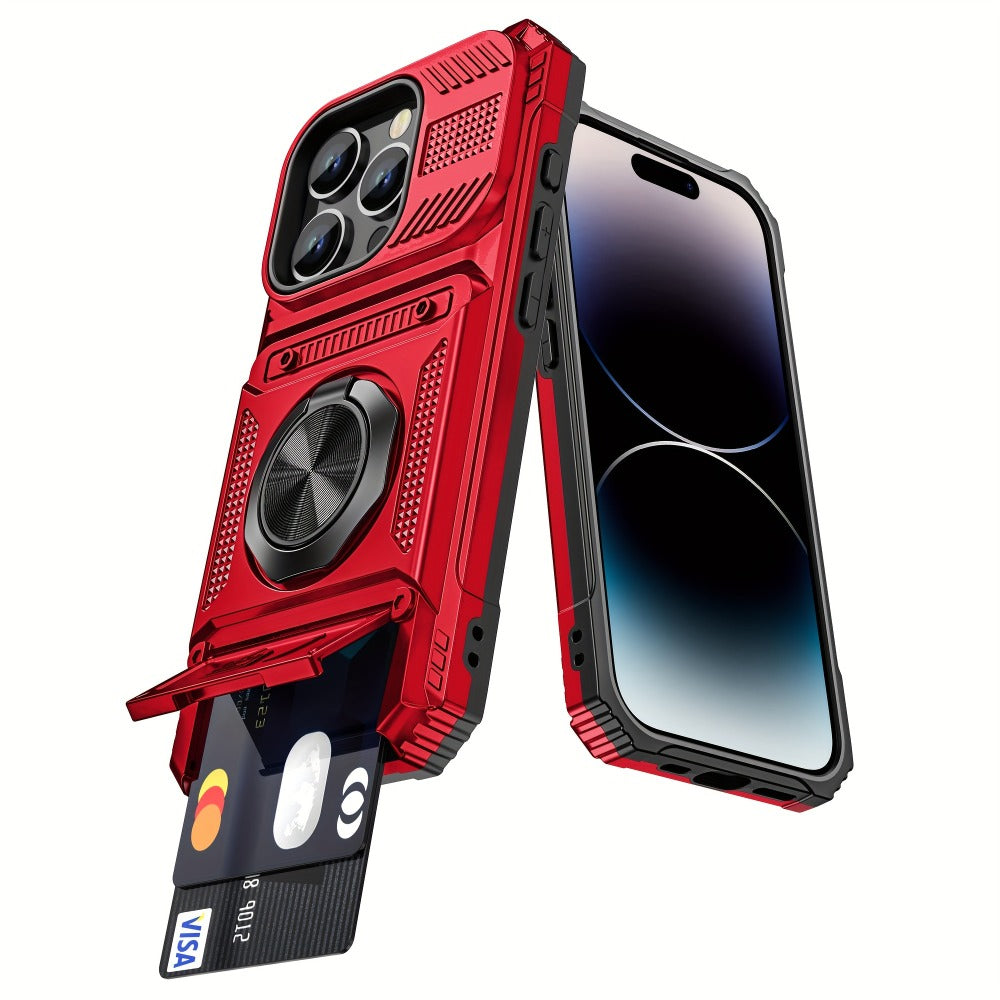 360° Metal Stand iPhone Case with Dual Card Slot Heavy Duty Shockproof Hard Shell Cover for iPhone 16 15 14 13 11 Pro Max Plus 8 7 Series – Rotating Kickstand Wallet Phone Case
