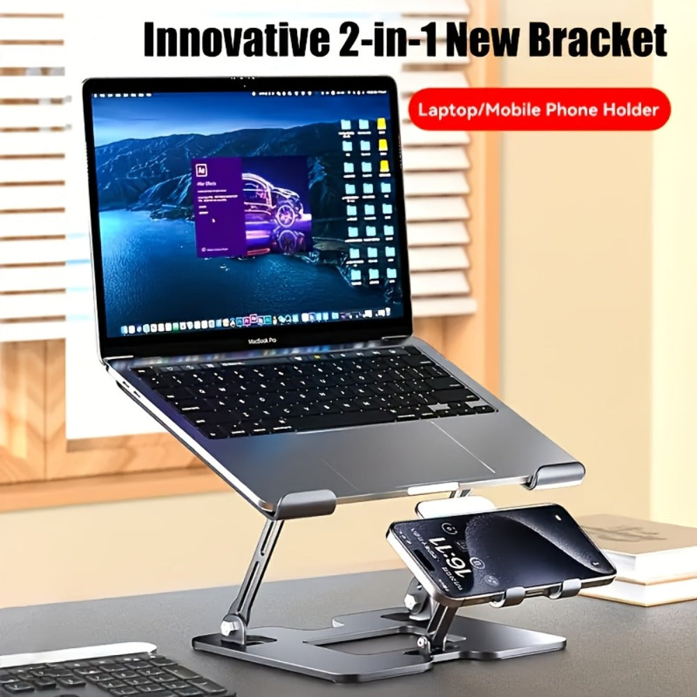 2-in-1 Laptop Stand with Phone Holder, Ergonomic Adjustable Computer Stand with Heat Dissipation, Foldable Desk Riser for 10-16 Inch Laptops, Home Office Use
