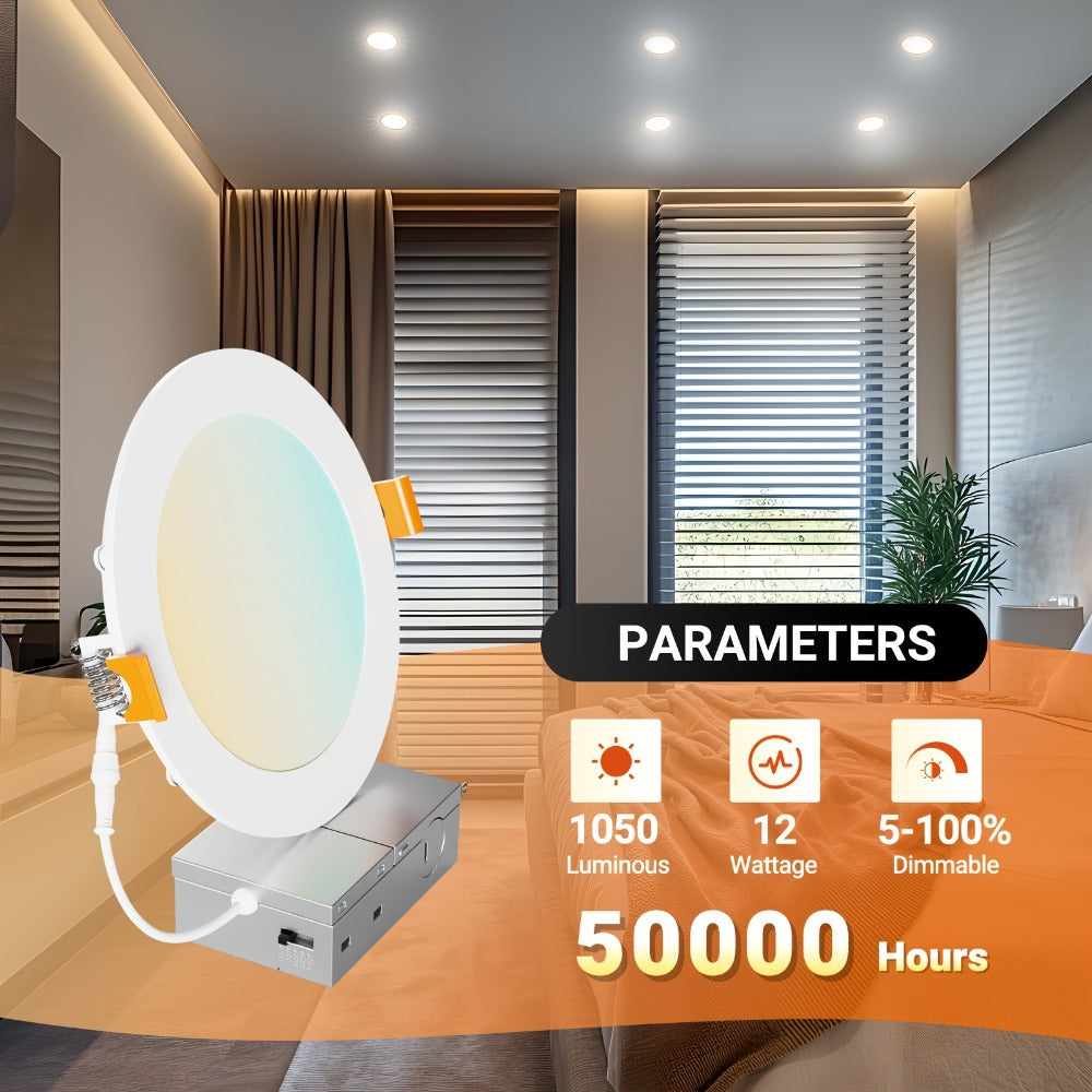 LED Recessed Ceiling Light 6 Inch 24/72 Pack 5CCT 2700K-5000K Dimmable Ultra-Thin Wafer Downlight 12W=110W 1050LM ETL Listed Junction Box Included for Kitchen Living Room Bedroom Hallway Office Lighting