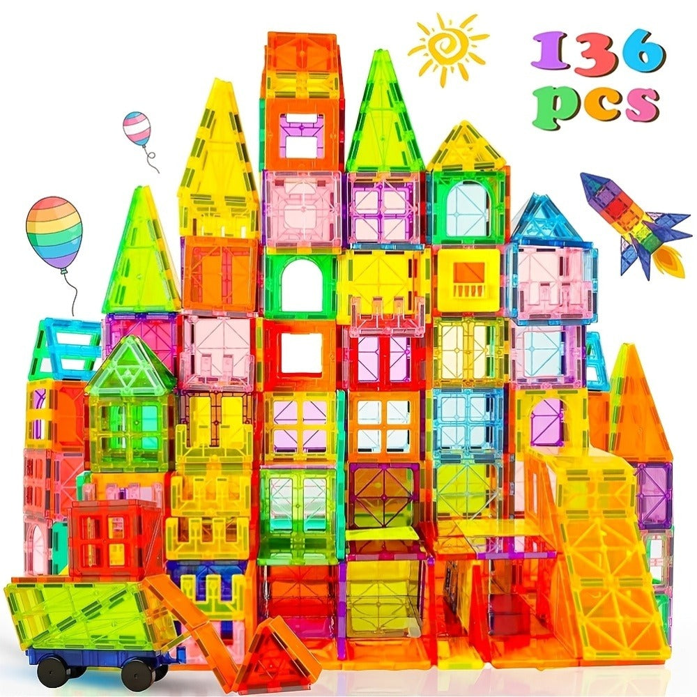 Clear Magnetic Tiles Building Set for Kids, 3D Magnet Blocks in 80, 106, 136 or 205 Pieces, Ages 3+
