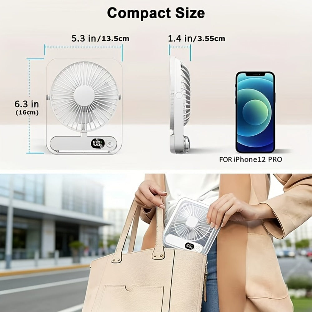 Desk Fan Portable USB Rechargeable 3000mAh Battery 5-Speed Adjustable 180 Degree Foldable Ultra Quiet Digital Display Acrylic for Home Office Travel Lightweight Cooling Fan