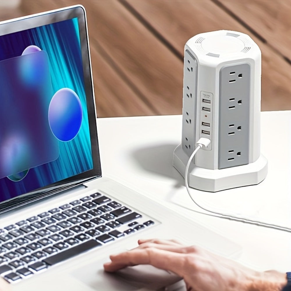 PD18W USB-C Power Strip Tower 21-in-1, 16 AC Outlets & 5 USB Ports, 1500J Surge Protector, Angled Flat Plug, 6ft 13A Extension Cord, Fast Charging Desktop Power Tower for Home Office Dorm – White