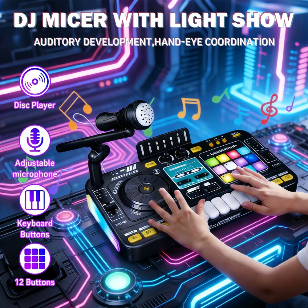 Kids DJ Mixer Toy in Black with LED Lights, Microphone and Piano Keys