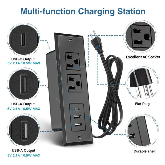 Recessed Power Strip with USB-C and USB-A Ports, Flush-Mount Desk Outlet, 1.5m Cord