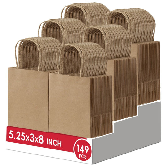 Kraft Paper Gift Bags with Handles, Black 149-Pack, 5.25 x 3 x 8 Inches
