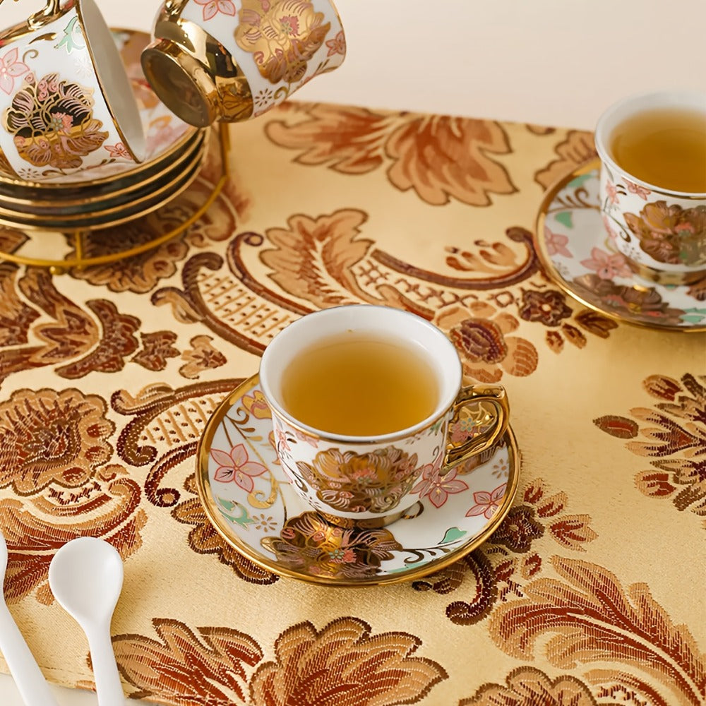 Floral Ceramic Tea Set 20 Pcs – European Porcelain Tea Cups & Saucers with Metal Holder & 15 Oz Teapot – Luxury Arabic Coffee Cup Set for Espresso, Cappuccino & Afternoon Tea – Elegant Gift