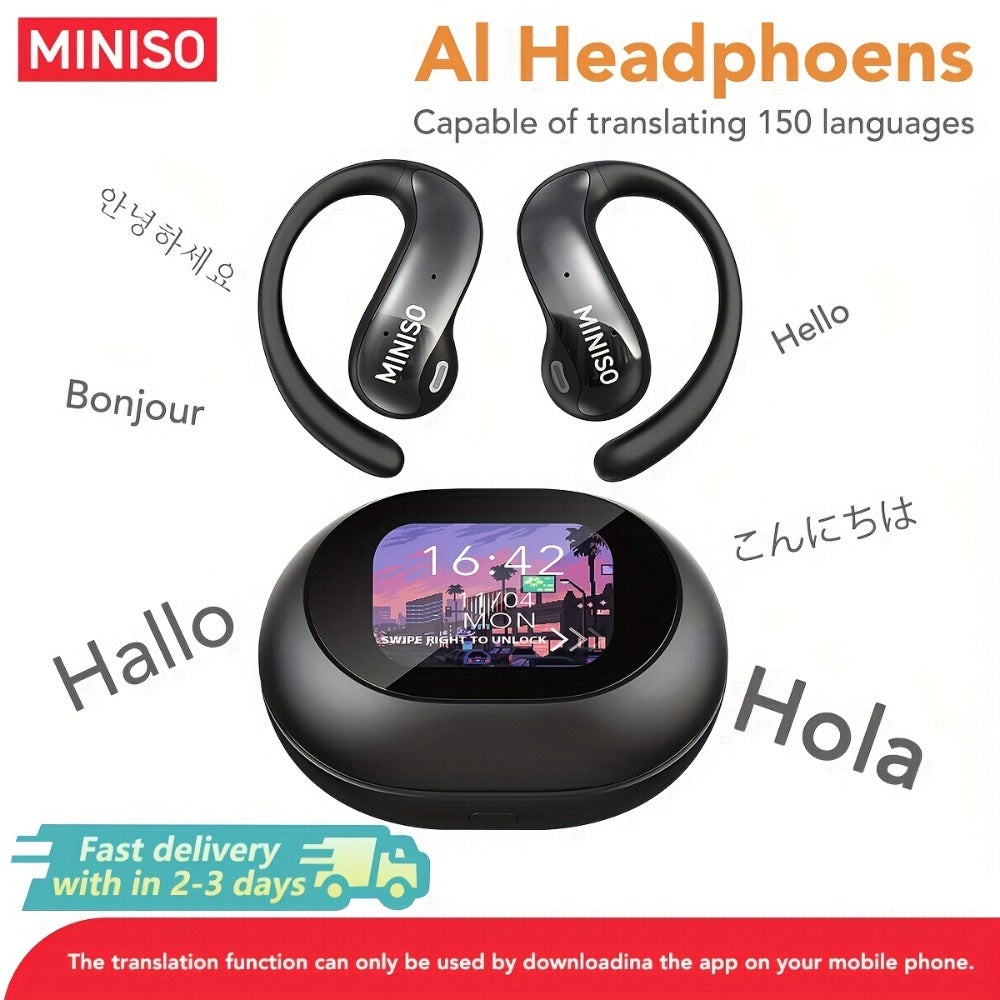 AI Translation Wireless Earbuds Real-Time 135 Languages Open-Ear Design Full-Color Touch Screen Gaming Headset Bluetooth for Travel Business Study iOS Android