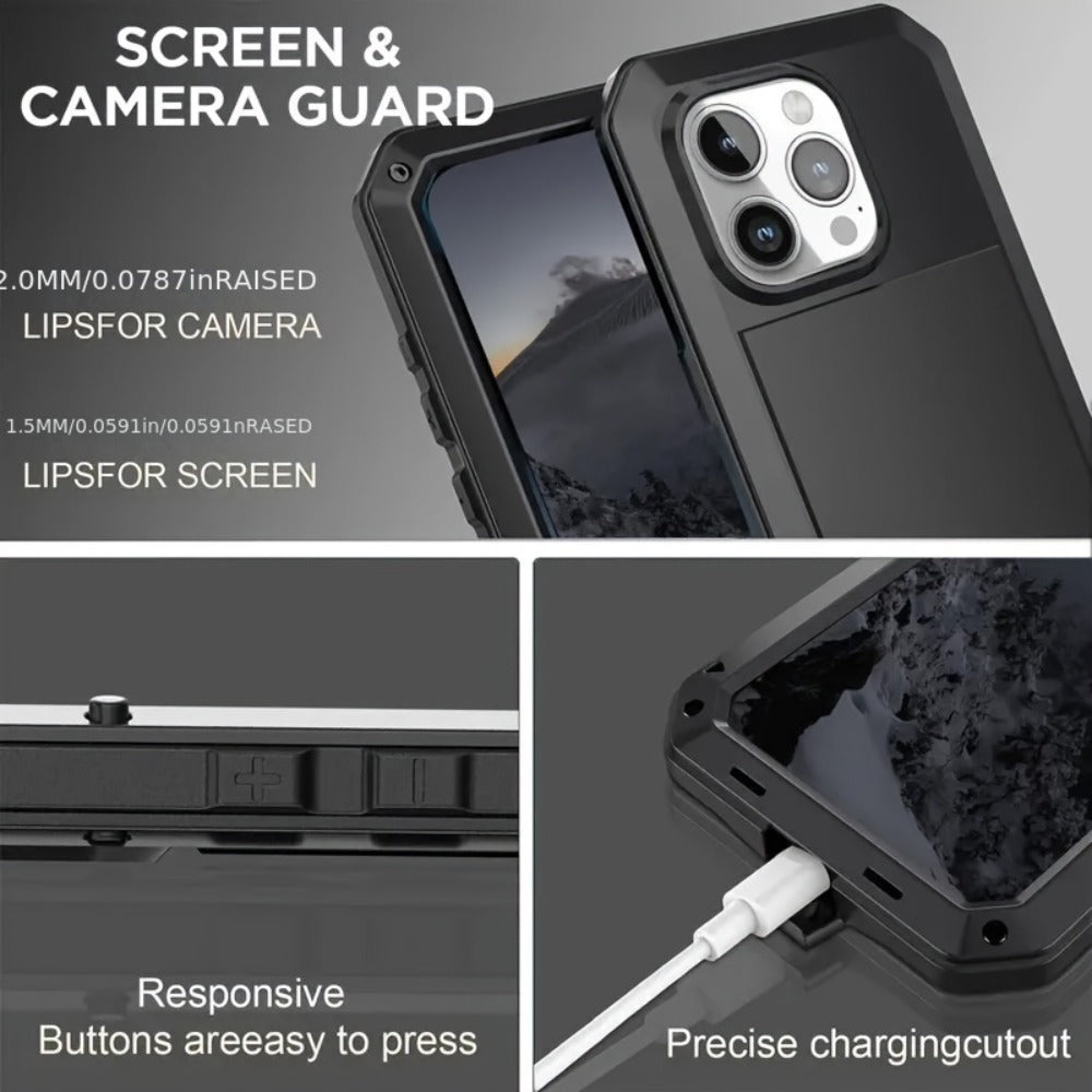 Heavy Duty iPhone Case Metal Frame Built-in Glass Screen Protector Dustproof Shockproof Full Body for iPhone 16 Pro 16 Plus 16 15 Pro Max 15 Pro 15 Plus 14 Pro 13 Pro Max 13 12 11 – Military Grade