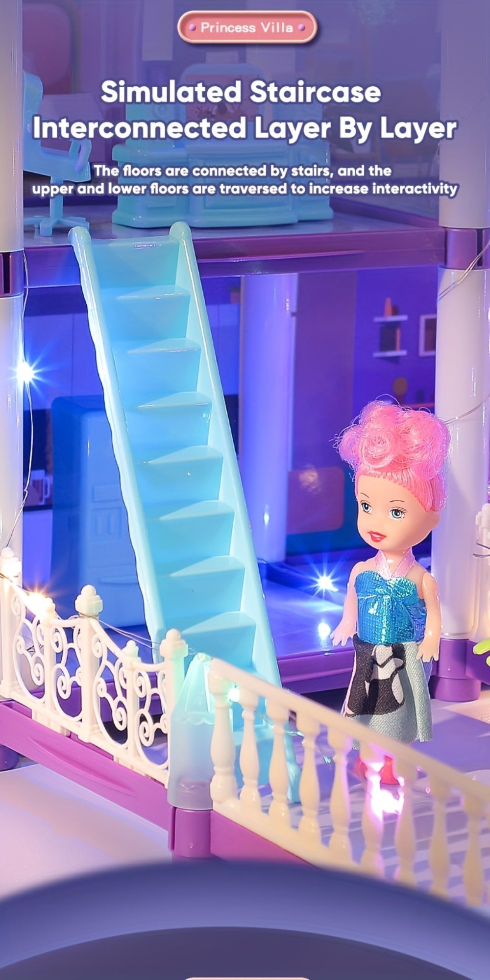 Purple LED Dollhouse Playset with 6 to 16 Room Options and Furniture