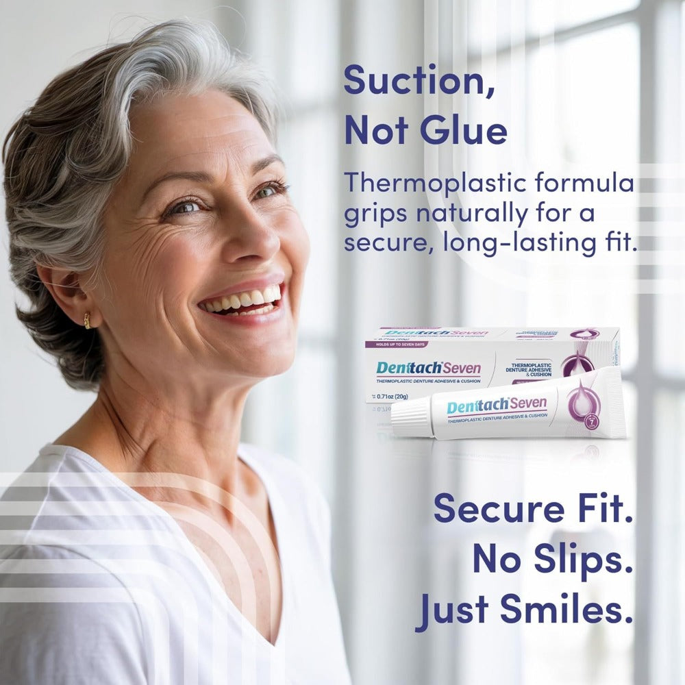Thermoplastic Denture Cushion Adhesive & Soft Reliner — 7-Day Secure Hold, Zinc-Free No-Glue Formula, Upper & Lower Denture Comfort Fit for Seniors & Sensitive Gums, 7-Pack Daily Denture Care