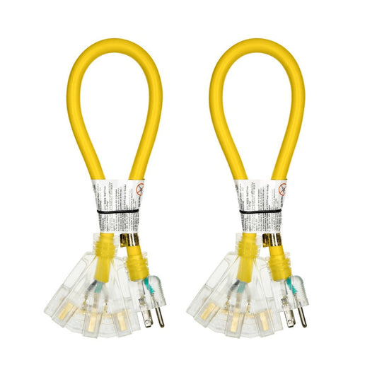 Tri-Tap Extension Cord Splitter 2-Pack, 15A SJTW, 2ft Yellow with LED Plug