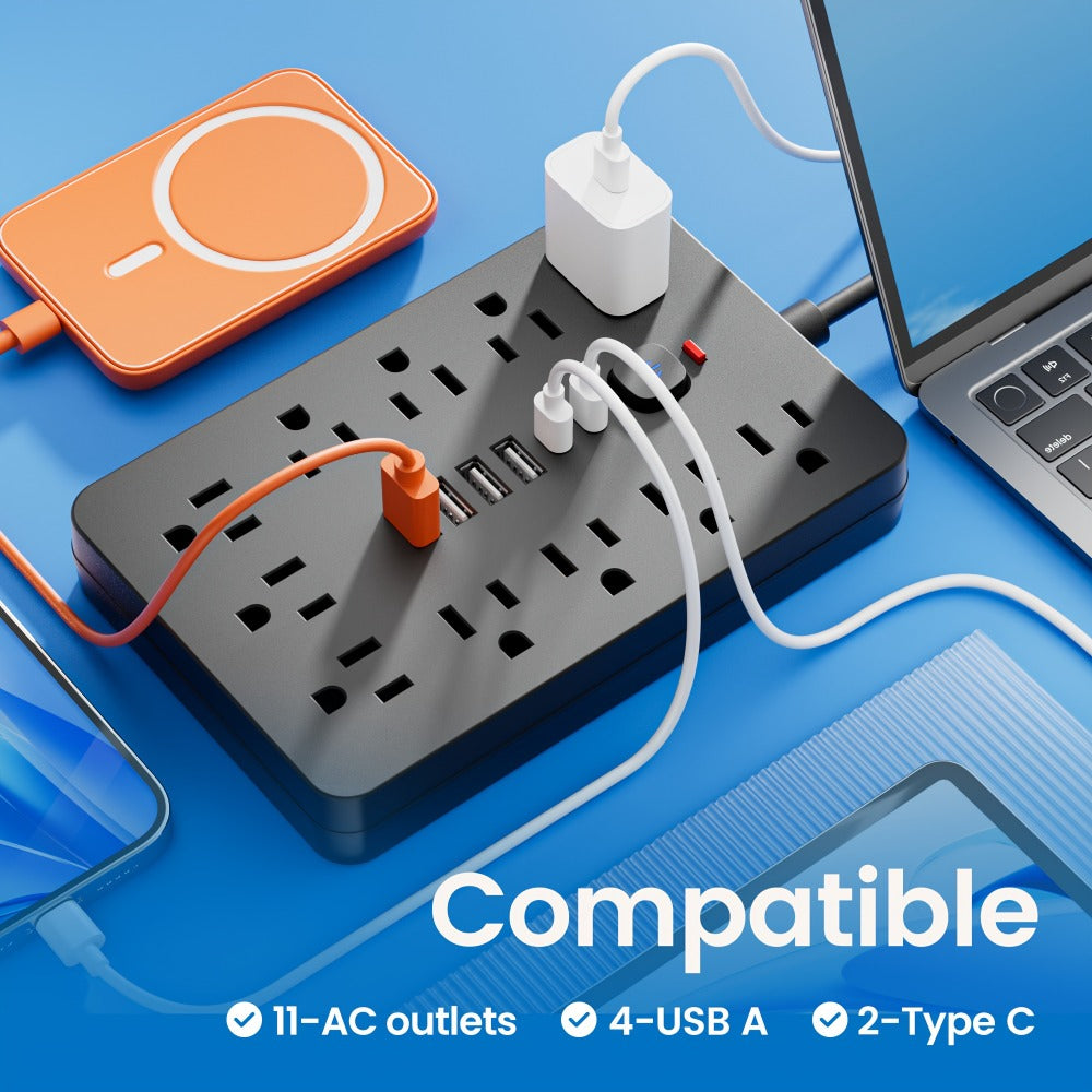 17-in-1 Flat Plug Power Strip with Surge Protector – 11 Spacious AC Outlets & 6 USB Ports (2 USB-C), Overload Protection, Space-Saving Design for Home Office Desk Dorm