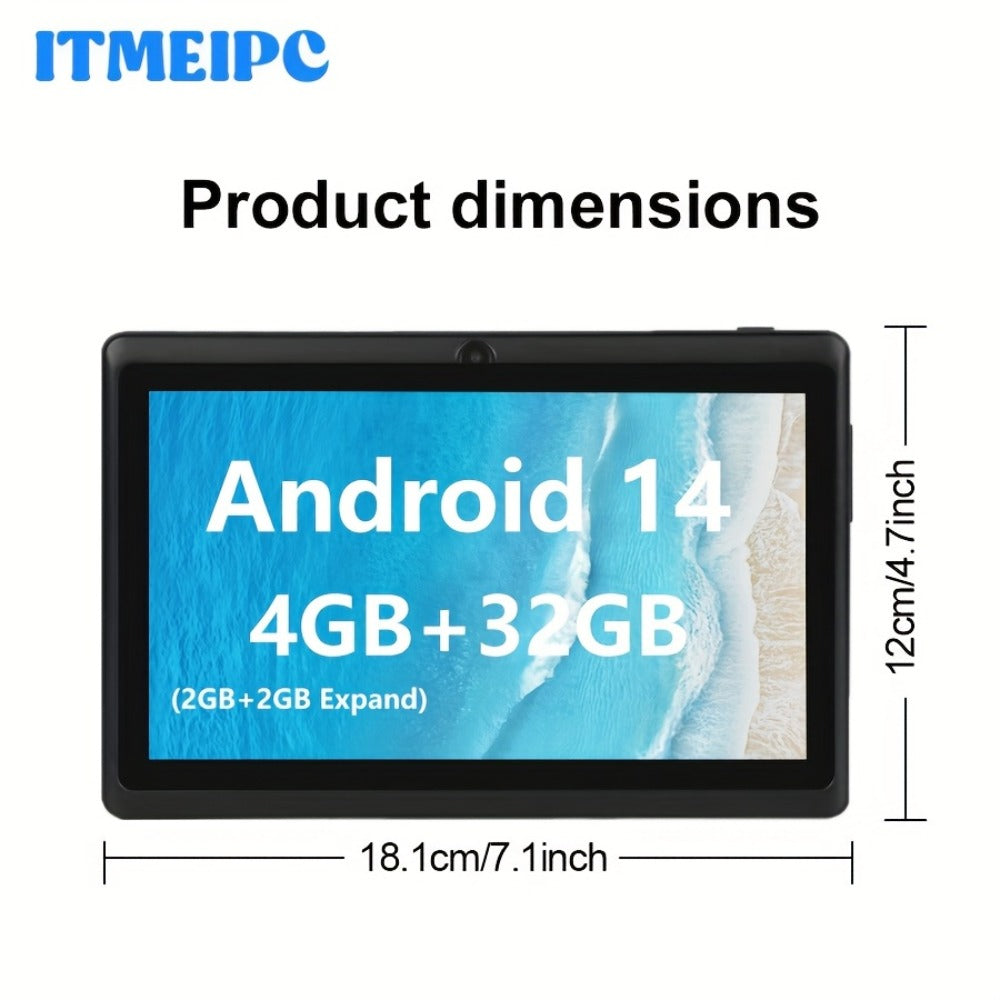 USB-C Android 14 Tablet 7 Inch with Built-in Protective Case, 4GB RAM 32GB ROM Expandable Quad-Core HD IPS Display, Dual Camera WiFi, Compact Stylish Portable Tablet for Students Teens Adults – Blue Yellow Black Pink
