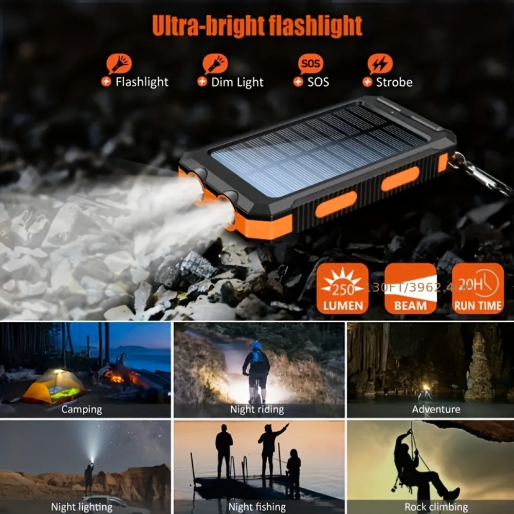 Hiking Solar Power Bank 10000mAh with Compass LED Flashlight & Carabiner Clip – Portable USB Charger for Camping Backpacking Travel Emergency Prep – Works with All Phones, Data Cable & Backpack Hook Included
