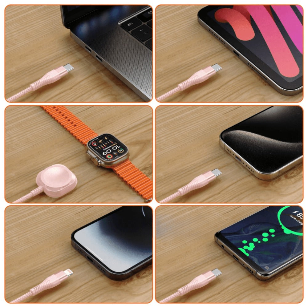 3 in 1 Travel Charging Cable 24 Inch Nylon Braided, Lightning + Type-C + iWatch Magnetic Wireless Charger, Compact Portable Multi Charging Cord for iPhone iPad Android Apple Watch – Pink Short Cable