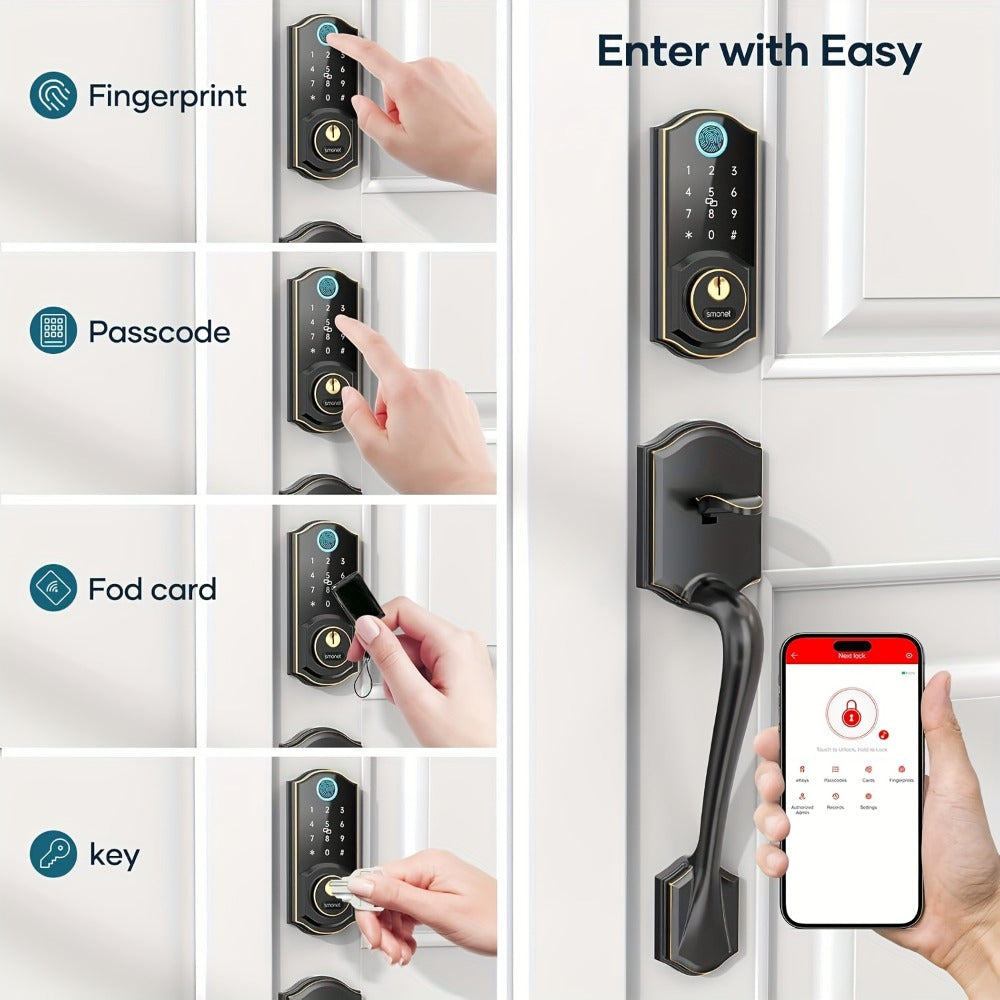 SMONET Smart Deadbolt Lock Set with Handle - Fingerprint, Bluetooth App & Keypad, Auto-Lock, Keyless Entry for Home, Office, Airbnb & Hotel, Oil Rubbed Bronze, Black & Silver