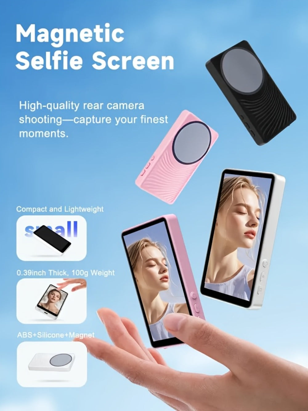Magnetic Selfie Monitor Screen for Vlogging & Live Streaming – Rear-Facing Main Camera Display for iPhone & Android, High-Resolution Selfie Screen for TikTok, YouTube & Instagram Content Creation