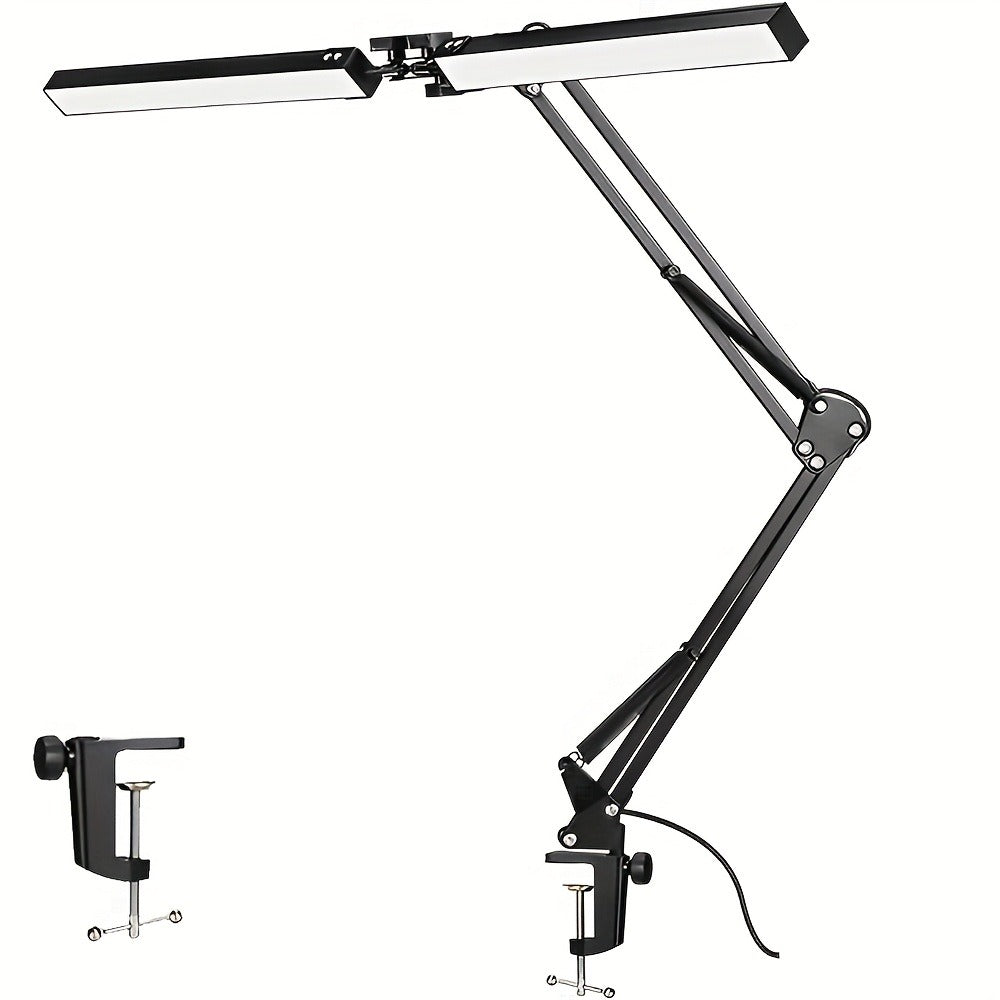 Dual Head Clamp Desk Lamp USB Powered – 2X Brighter Swing Arm LED Light, 3 Color Modes & 10 Brightness Levels for Dual Monitors, Drafting, Workbench & Home Office, Black