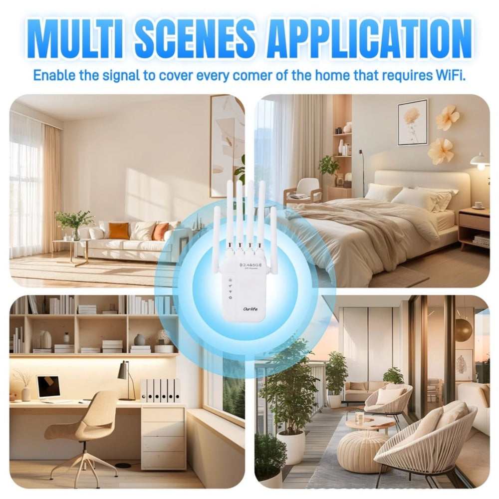 WiFi Extender 2026 Upgraded 6-Antenna Supports 105 Devices - Ultra High-Speed Internet, 4 Modes Repeater AP Router WISP, Wide Coverage, Universal Router Compatibility, US Plug, White