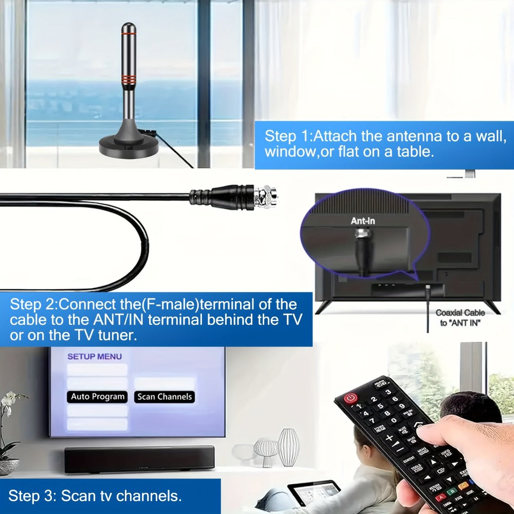 Amplified Indoor HDTV Antenna with Signal Booster & Removable Amplifier - 4K 1080p 360° Reception, Free Local Channels ABC CBS NBC FOX, No Cable or Satellite Fees, Easy Install for Smart TV