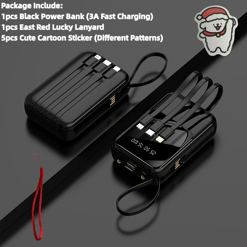 10000mAh Mini Power Bank with Built-in 4 Cables – 22.5W Super Fast Charging, LED Display, Cute Portable Charger for iPhone, Android, Samsung & Travel, Ultra-Compact Battery Pack with LED Light