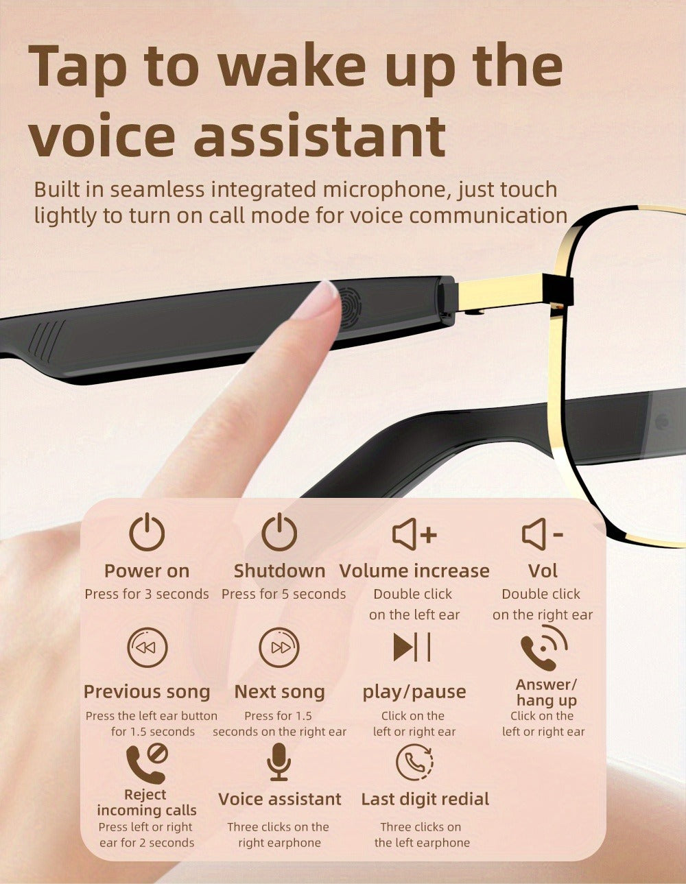 Stereo Smart Audio Glasses Touch Control Intelligent Noise Reduction Type-C Rechargeable Ultra-Long Standby Clear Calls Fashionable Wireless Eyewear for Travel Daily Use Unisex